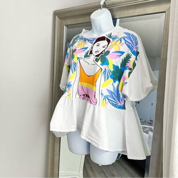 COPY - ZARA T-Shirt Blouse, White with Painting Print Size XS - Picture 2 of 6